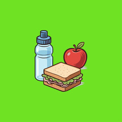 Water bottle, Sandwich, Apple, Breakfast icon logo flat vector design