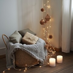 Cozy living room scene with a basket of cushions and gift, warm lights creating a serene atmosphere.
