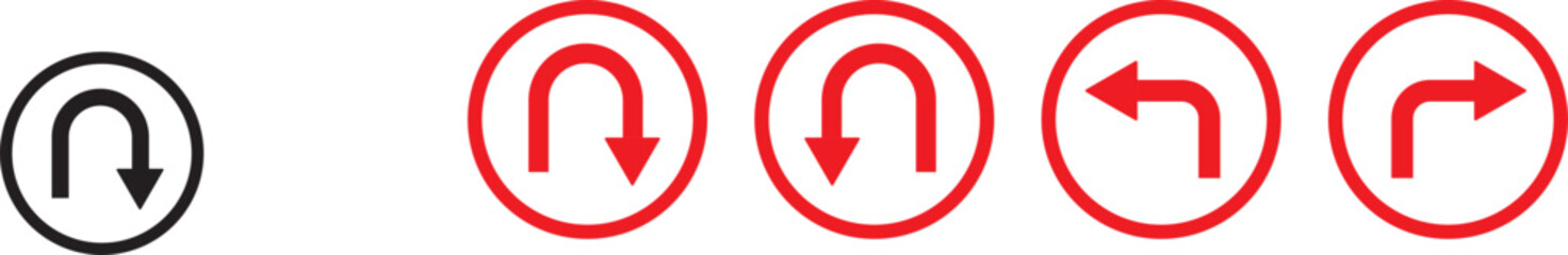 turn Right, Left, U sign set. sharp turn warning. driving navigation icon. Road sign arrow set. go straight, turn left, turn right, u turn direction sign. traffic direction symbol.  Go straight, this  © MDParveg
