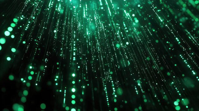 Green digital particles streaming down abstract data rain