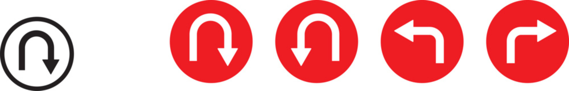 turn Right, Left, U sign set. sharp turn warning. driving navigation icon. Road sign arrow set. go straight, turn left, turn right, u turn direction sign. traffic direction symbol.  Go straight, this 