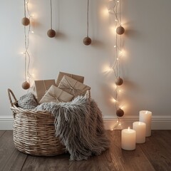 Cozy festive corner featuring wrapped gifts in a basket, soft blanket, glowing fairy lights, and lit candles.