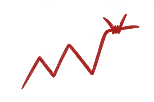Red line graph showing an upward trend changing into barbed wire at the top, representing obstacles and restrictions