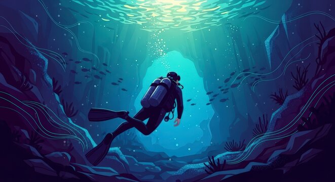A lone scuba diver explores a mysterious deep sea cave illuminated by surface light