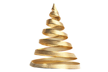 Minimalist Christmas Tree Made of Golden Spiral Ribbon, isolated on a transparent background.