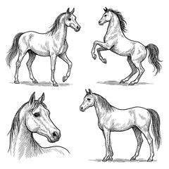 Arabian horse set in detailed vintage engraving style with multiple elegant poses, Transparent Background