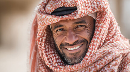 smiling bearded arabian man in classic traditional clothing, ethnic portrait reflecting arab culture, heritage, and lifestyle in natural light with clean simple background for stock usage