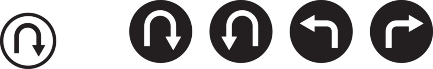 turn Right, Left, U sign set. sharp turn warning. driving navigation icon. Road sign arrow set. go straight, turn left, turn right, u turn direction sign. traffic direction symbol.  Go straight, this  © MDParveg