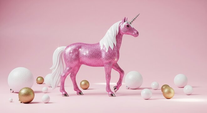 Glitter pink unicorn figurine with gold horn and decorative balls on pastel pink background - Powered by Adobe