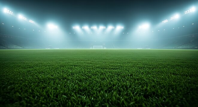 Vast green soccer field illuminated by bright stadium lights at night with atmospheric haze