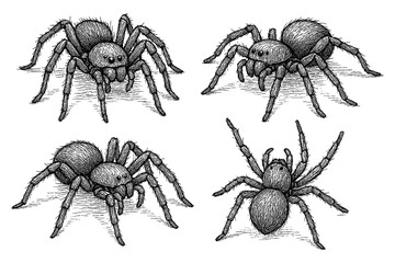 Spider sketches in detailed vintage engraving style, Transparent Background