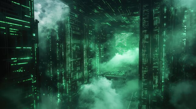 Futuristic digital cityscape with green glowing data networks