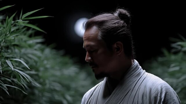 Tang Dynasty man contemplates under the moon in a tranquil bamboo forest with profound artistic conception