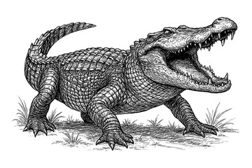 Crocodile in detailed vintage engraving style with open mouth and realistic texture, Transparent Background