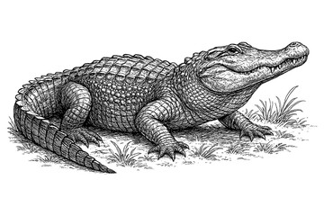 Crocodile in detailed vintage engraving style with open mouth and realistic texture, Transparent Background