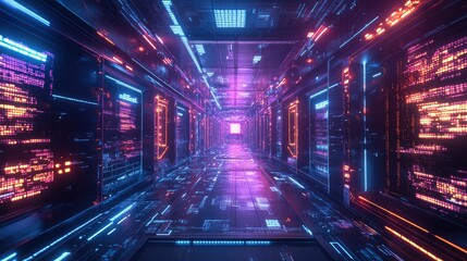 Digital corridor with glowing data and light trails