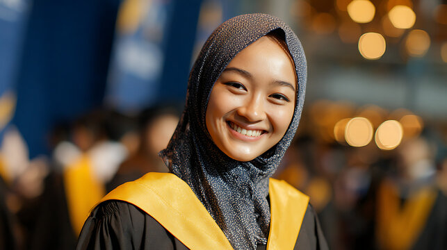 happy malay female graduate posing for university portrait