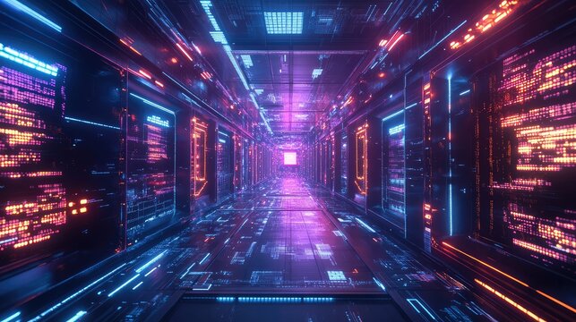 Digital corridor with glowing data and light trails