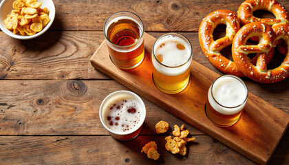 Beer tasting with snacks on a board