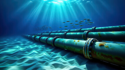 Underwater pipelines on the seabed in the sun's rays