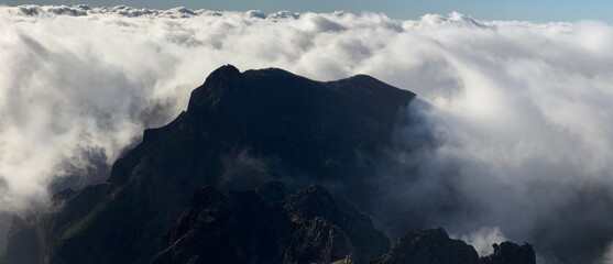 Madeira lanscape, Clouds and mountains, Portugal, Pico de Arieiro - Pico de Ruivo trail.
