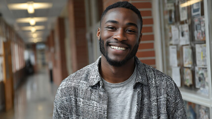 young male student smiling in a school hallway reflecting confidence friendliness and the everyday experience of school life in a welcoming educational environment
