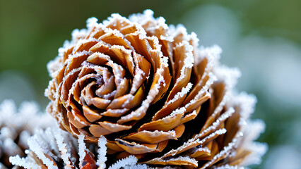 Extreme macro close-up of a frosted pine cone with intricate scales and sparkling ice crystals - winter nature detail