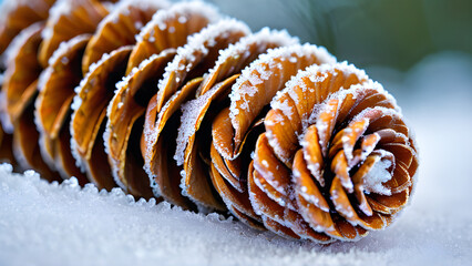 Detailed texture of a brown pine cone covered in white frost and tiny ice formations - winter nature detail
