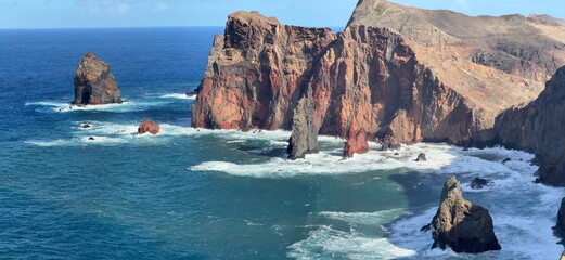 panoramic view of Ponta de Sao Lourenco in east coast of Madeira, Portugal  in Atlantic ocean with Casa do Sardinha and Miraduro Ponta do Furado in the back, Europe
