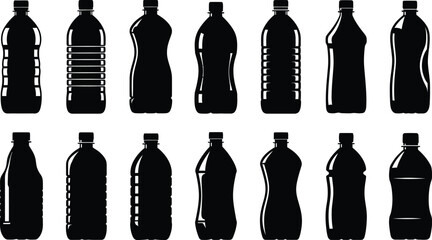 Collection of black silhouette water bottles isolated on white background