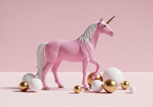 Glitter pink unicorn figurine with gold horn and decorative balls on pastel pink background
