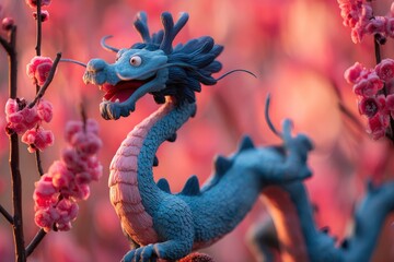 Fototapeta premium Colorful Dragon Figure Surrounded by Pink Cherry Blossom Flowers