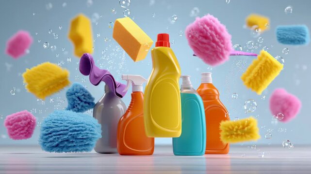 Colorful array of cleaning supplies, including a yellow bottle of Windex, a blue bottle of Windex, and a green bottle of Windex