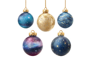 Collection of Sparkling Galaxy Christmas Baubles, isolated on a transparent background.