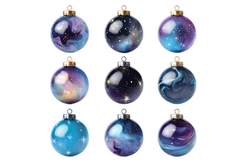 Collection of Sparkling Galaxy Christmas Baubles, isolated on a transparent background.