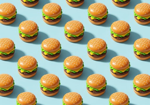Seamless Pattern of Plastic Hamburger Toys on Pastel Blue Background, Fast Food Pop Art Design