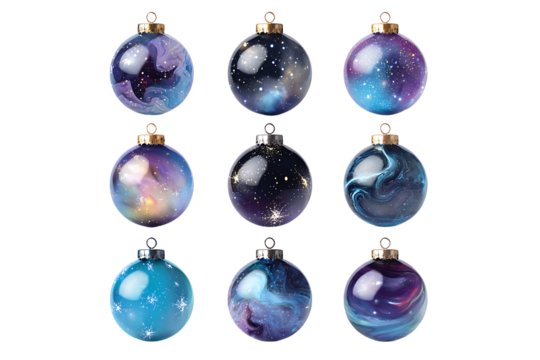 Collection of Sparkling Galaxy Christmas Baubles, isolated on a transparent background.
