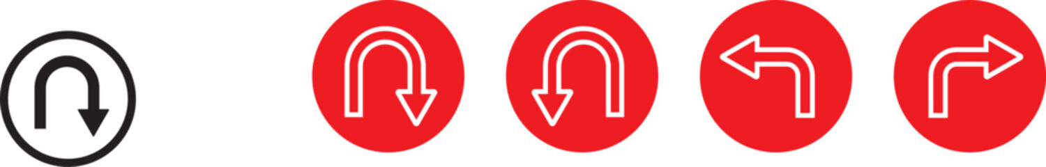 turn Right, Left, U sign set. sharp turn warning. driving navigation icon. Road sign arrow set. go straight, turn left, turn right, u turn direction sign. traffic direction symbol.  Go straight, this 