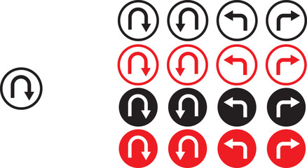 turn Right, Left, U sign set. sharp turn warning. driving navigation icon. Road sign arrow set. go straight, turn left, turn right, u turn direction sign. traffic direction symbol.  Go straight, this  © MDParveg