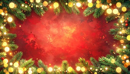 Festive Christmas frame with golden lights on a red background.
