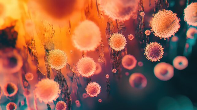 Viral particles infecting human cells under microscope