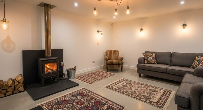 Cozy living room with fireplace, rustic decor and modern lighting creates inviting warmth and