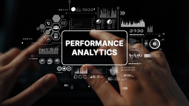 Hands Interacting with Digital Interface for Performance Analytics and Data Visualization Insights in a Modern Workspace. Asymptotic smart data analytic.