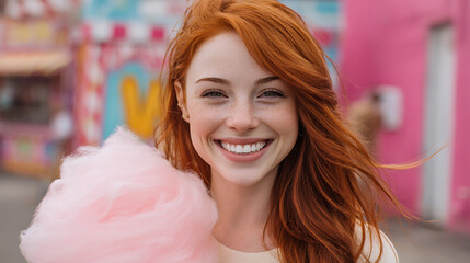 cheerful red haired woman smiling while holding a fluffy pink cotton candy capturing happiness sweet enjoyment and a lively fun mood in a colorful outdoor environment