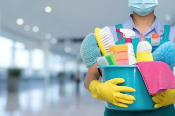 Cleaner Holding Bucket with Cleaning Supplies in Bright Environment