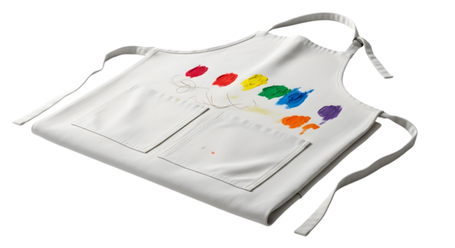 White artist apron with colorful paint spots isolated on transparent background