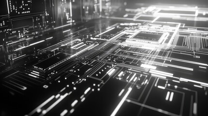 Circuit board technology illuminating digital data flowing through connections