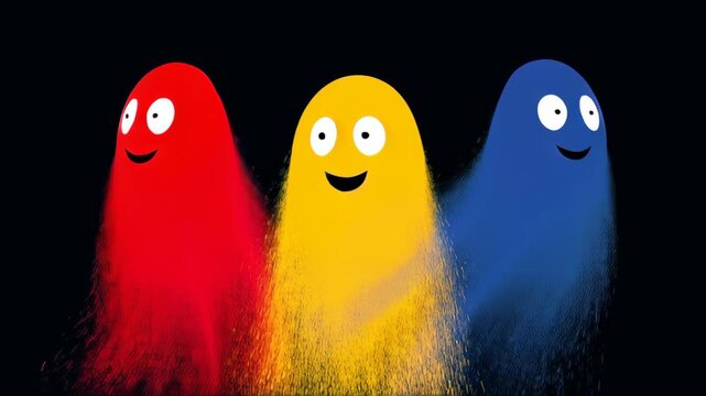 Three ghosts with big eyes and mouths are spewing out colorful smoke. The smoke is red, yellow, and blue