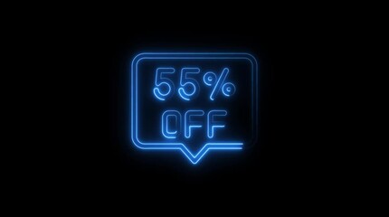 Neon blue 55 percent off discount offer speech bubble glowing animation on black background for sales promotions and marketing campaigns