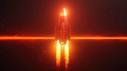 Space rocket launching into cosmic red glowing sky